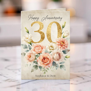 Vintage Blush Bloemenaquarel 30e Verjaardag Kaart