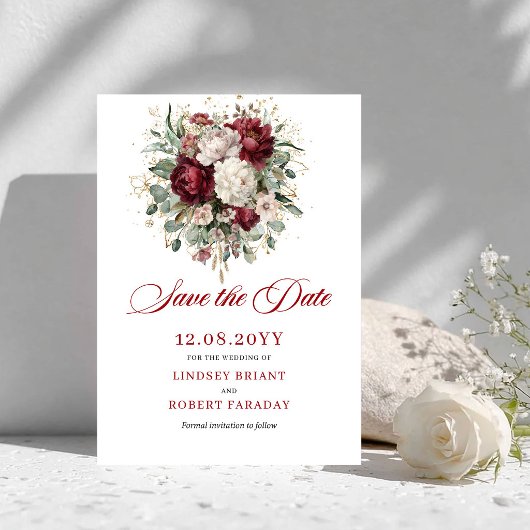 Vintage Blush Burgundy Bloemige Save The Date