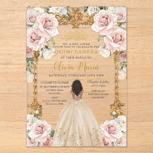 Vintage Blush Champagne Bloemen Jurk Quinceanera Acryl Uitnodigingen