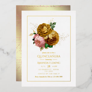 Vintage Blush en Gouden Bloemstuk Quinceañera Folie Uitnodiging