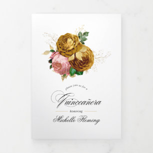 Vintage Blush en Gouden Bloemstuk Quinceañera Foto Drieluik Uitnodiging