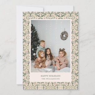 Vintage Blush Groen Bloemtegeltje Foto Kerstmis Feestdagenkaart