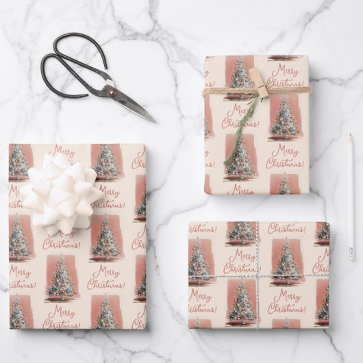 Vintage Blush Pink Christmas Tree Inpakpapier Vel (Voorkant)