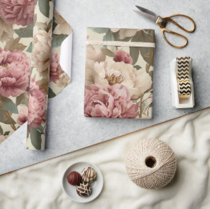Vintage Blush Pioenroom Crème Bloemmotief Cadeaupapier