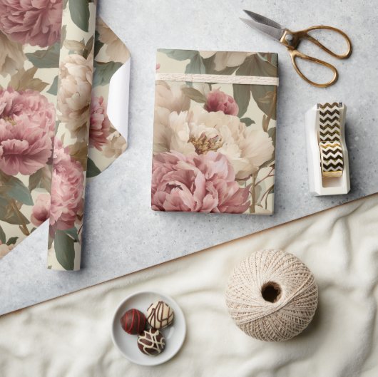 Vintage Blush Pioenroom Crème Bloemmotief Cadeaupapier (Crafts)