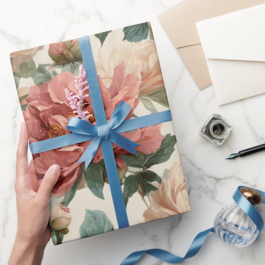 Vintage Blush Pioenroom Crème Bloemmotief Cadeaupapier (Geschenken)