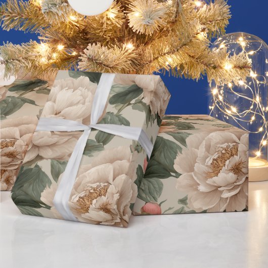 Vintage Blush Pioenroom Crème Bloemmotief Cadeaupapier (Feestdagen)