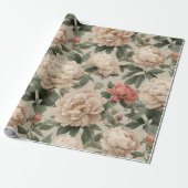 Vintage Blush Pioenroom Crème Bloemmotief Cadeaupapier (Uitgerold)