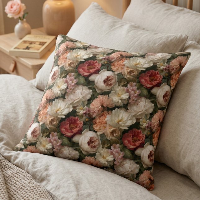 Vintage Blush Roos Bloem Tuin Patroon Kussen (Creator heeft geüpload)