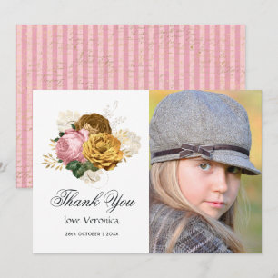 Vintage Blush Roze en Gouden Bloemige Quinceañera Bedankkaart