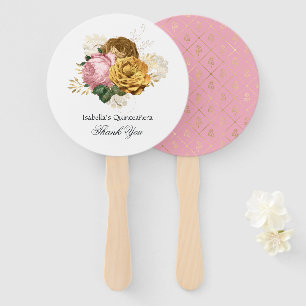 Vintage Blush Roze en Gouden Bloemige Quinceañera Handwaaier