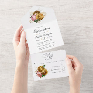 Vintage Blush Roze en Gouden Bloemstuk Quinceañera All In One Uitnodiging