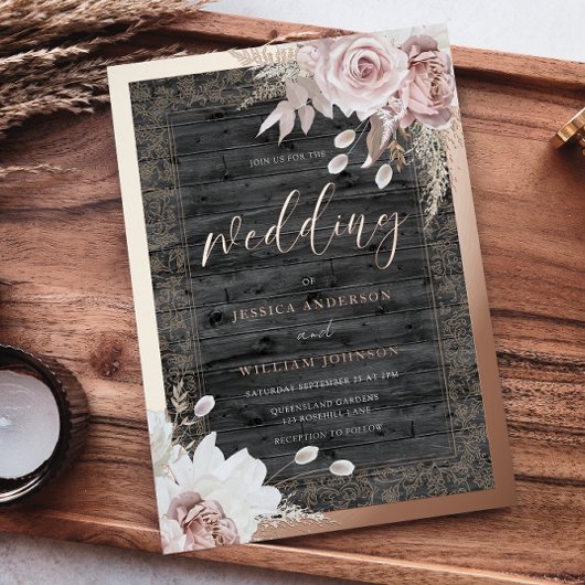 Vintage Blush Rustic Rose Gold Wedding Folie Uitnodiging
