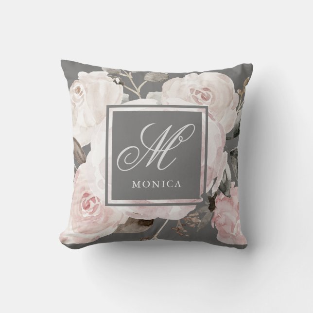 Vintage Blush Waterverf Rozen op grijs | Monogram Kussen (Voorkant)