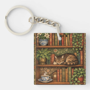 Vintage boekenkast met kat en koffie sleutelhanger