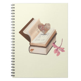 Vintage boekesthetiek met hartkaart en botanische notitieboek