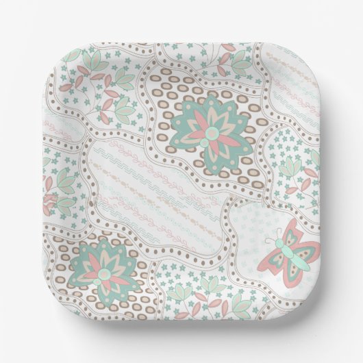 Vintage Boho Bloem- en Vlinderpatroon Papieren Bordje (Voorkant)