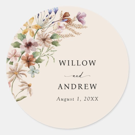 Vintage Boho Bloemen Bruiloft Ronde Sticker (Voorkant)