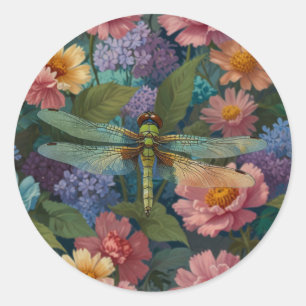 Vintage boho chic pastel bloemrijke tuin libel  ronde sticker