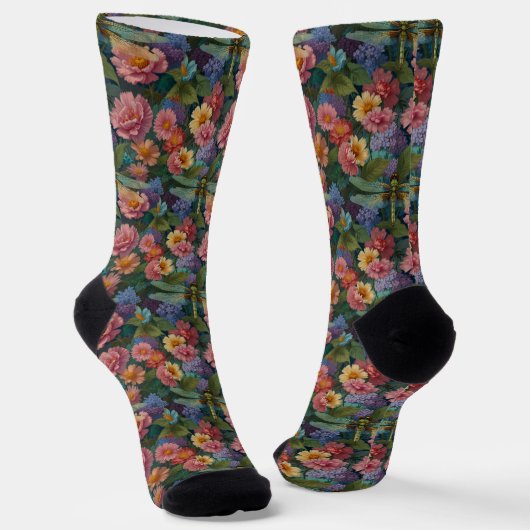 Vintage boho chic pastel bloemrijke tuin libel sokken (Gebogen)