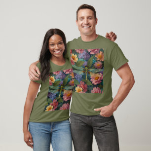 Vintage boho chic pastel bloemrijke tuin libel t-shirt