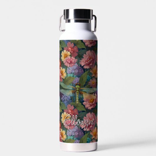 Vintage boho chic pastel bloemrijke tuin libel waterfles (Voorkant)