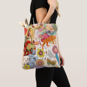 Vintage Boho Collage Patroon Crème Zigeuner Ziel Tote Bag