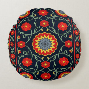 Vintage Boho Dieprode Volkskunst Bloem Tapijt Rond Kussen