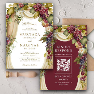 Vintage Boho Druiven Boog QR Code Moslim Bruiloft Kaart