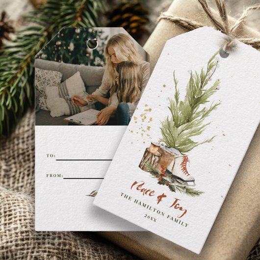 Vintage Boho Familie Kerst Waterverf Cadeaulabel