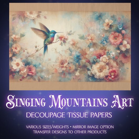 Vintage Boho Hummingbird and Flowers Decoupage Tissuepapier