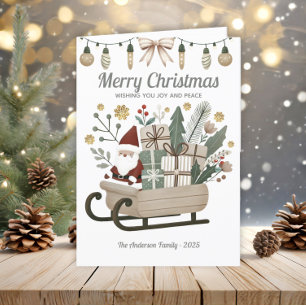 Vintage Boho Kerstman slee met aardetinten Kerstmi Feestdagen Kaart