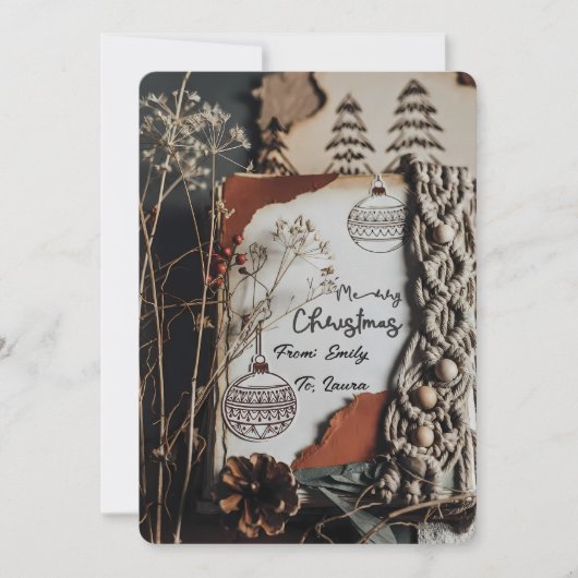 Vintage Boho Rustic Macrame Christmas Custom Text Feestdagenkaart (Voorkant)