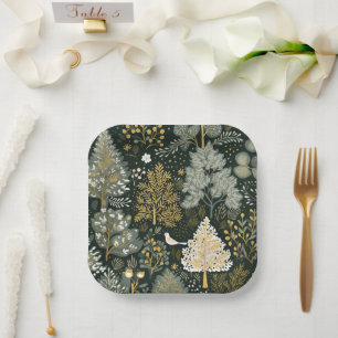 Vintage Boho Wit Groen Goud Kerstbomen Papieren Bordje