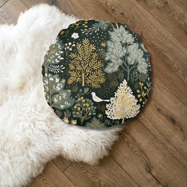 Vintage Boho Wit Groen Goud Kerstbomen Rond Kussen (Green White Gold Boho Vintage Trees Birds Round Accent Pillow)