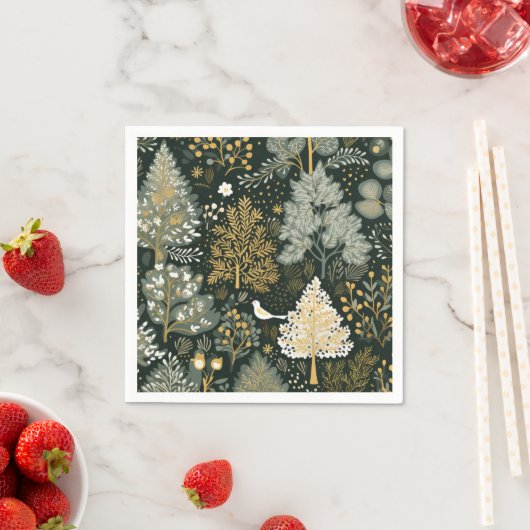 Vintage Boho Wit Groen Goud Kerstbomen Servet (Insitu)