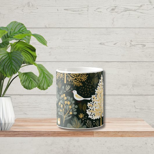 Vintage Boho Wit Groen Goud Vogel Bomen Koffiemok
