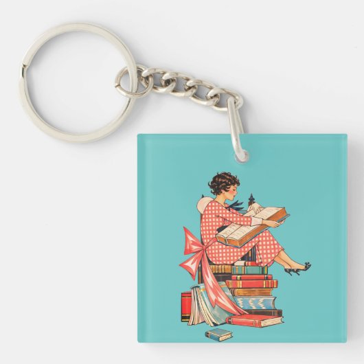 Vintage Book Lover Reading Illustration Sleutelhanger (voorkant)