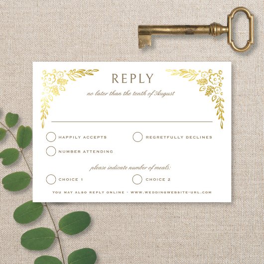Vintage Book Neutral + Gold Floral Wedding Reply RSVP Kaartje