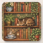 Vintage book shelf with cat and coffee bier onderzetter<br><div class="desc">A cozy retro-inspired design featuring a charming bookshelf filled with vintage books,  delicate botanical accents,  cute kitty and a comforting cup of tea or coffee.</div>