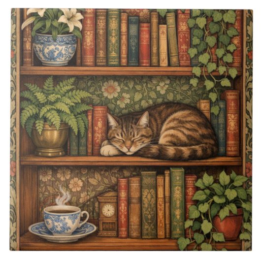 Vintage book shelf with cat and coffee tegeltje (Voorkant)