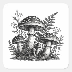 Vintage bos paddestoelen linocut vierkante sticker