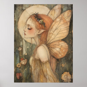 Vintage Bosfee met Bloemenkrans Fantasie Kunst Poster