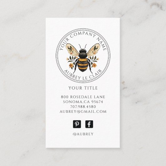 Vintage Botanical Bee Logo Template Visitekaartje (Voorkant)