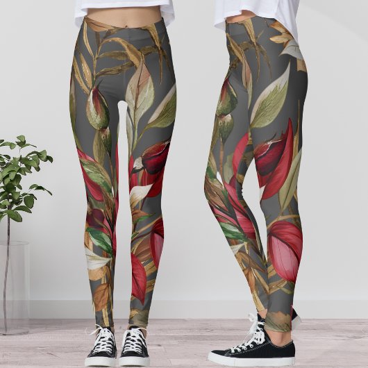 Vintage Botanical Roses and Palm Leaves Gray Leggings