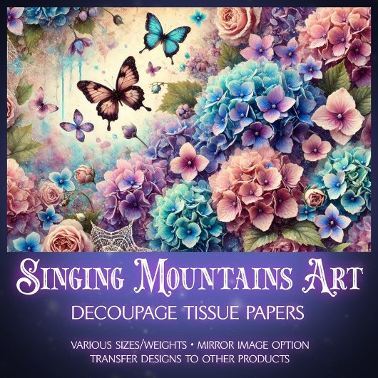 Vintage Botanical Roses Butterflies Decoupage  Tissuepapier