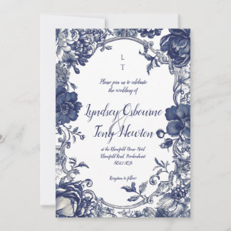 Vintage Botanical Wedding Invitation in Blue Kaart