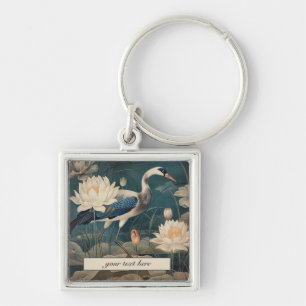 Vintage botanische blauwe kraanvogel aanpasbaar  sleutelhanger