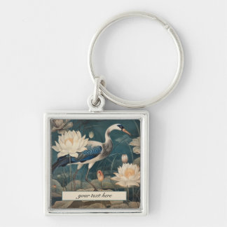 Vintage botanische blauwe kraanvogel aanpasbaar sleutelhanger