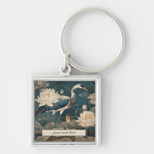 Vintage botanische blauwe kraanvogel aanpasbaar  sleutelhanger (Voorkant)
